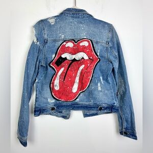 Sojara Distressed Jean Jacket with Paint Splatter Rolling Stones Tongue Medium
